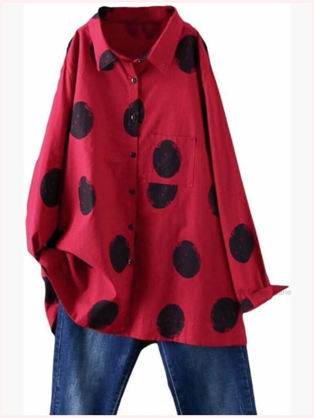 Women's Polka Dot Button Down Tunic Blouse Long Sleeve Cotton Shirt